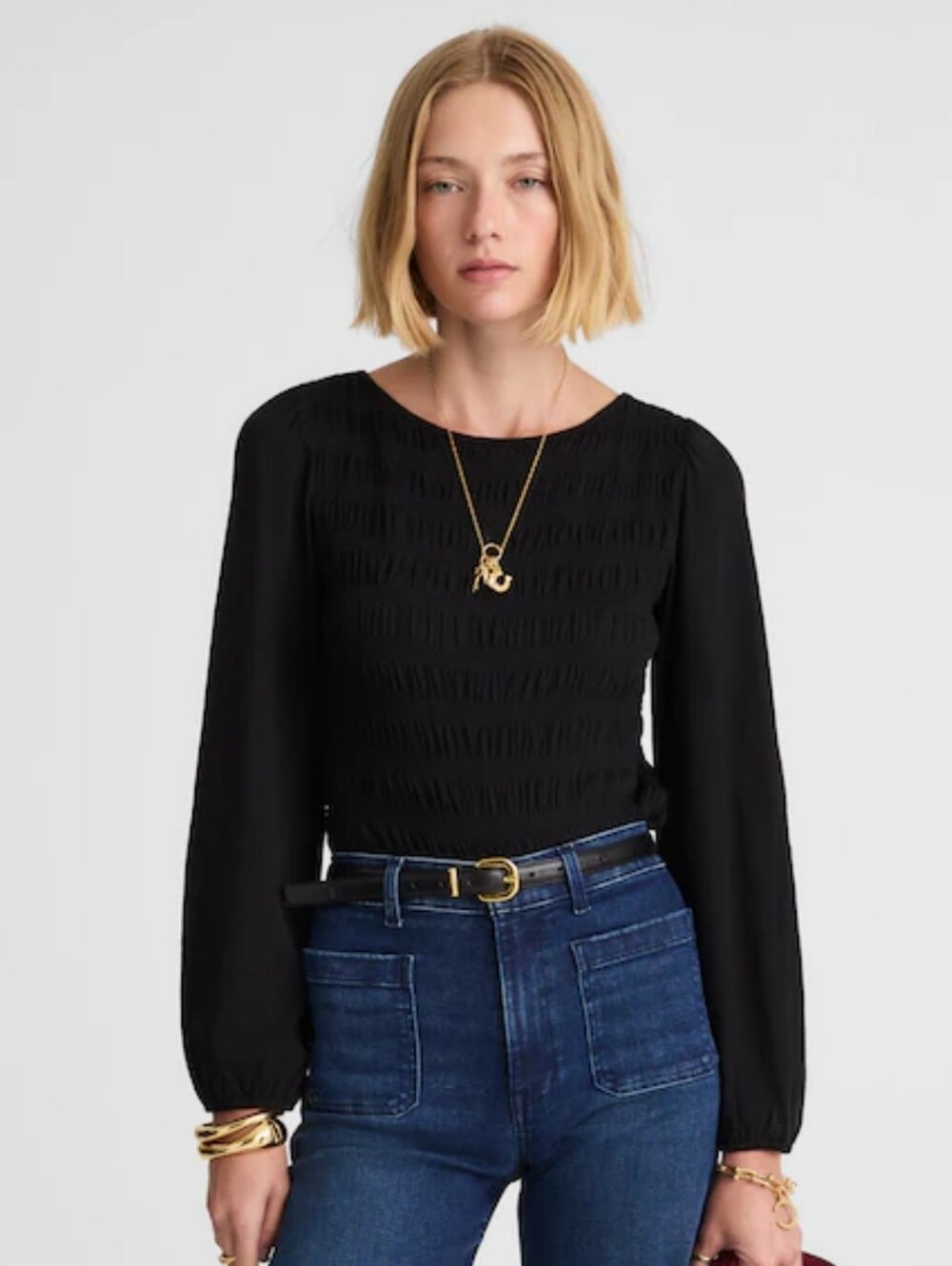 Madewell Smocked Boatneck Long Sleeve Top Black Size XS